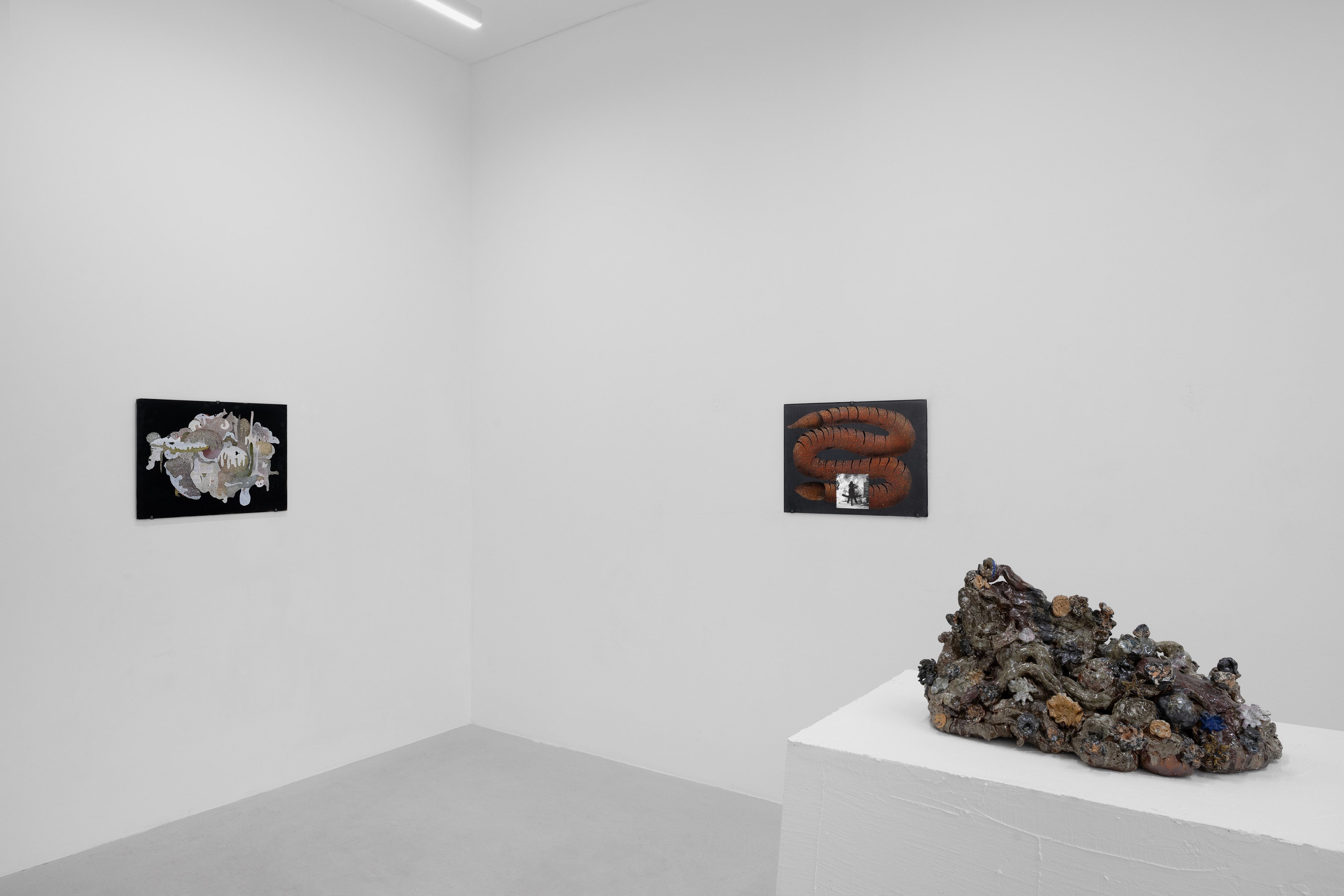 Aaron Angell, NOT ALL ON SHOW: Hinterglasmalerei & Verre églomisé 4-5/2025: ‘Organ Painting’, ‘Bamboo Organ Painting’, ‘Worm Organ Painting’, ‘Intarsia – View’, ‘Intarsia – Shut’, ‘Northern Renaissance Social Abstract Demonstration’, ‘Intarsia – Whitefly’; ‘Pig, tulip, pig, tulip, pig, tulip’; ‘Scholar – Melon’.Oribe 2-5/2025: ‘Melon – Life On Ship’, ‘Abilità Negativa’ (three versions), ‘Tray with Two Capped Heads’, ‘Tray with Clouds’, ‘Gongshi with Carbonised Panis Quadratis’; Shino Americàin & polychrome 2- at Ilenia, photo 15