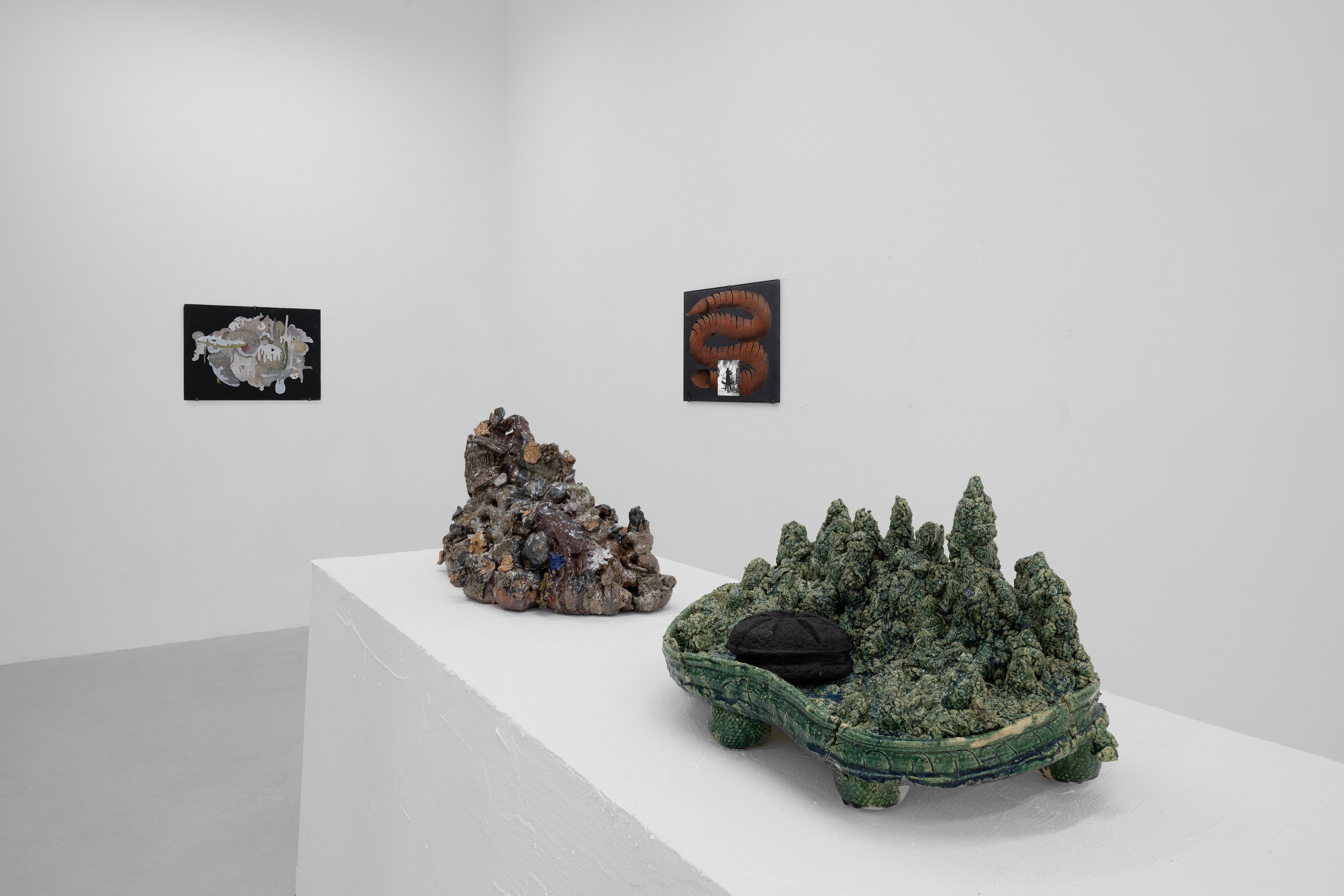 Aaron Angell, NOT ALL ON SHOW: Hinterglasmalerei & Verre églomisé 4-5/2025: ‘Organ Painting’, ‘Bamboo Organ Painting’, ‘Worm Organ Painting’, ‘Intarsia – View’, ‘Intarsia – Shut’, ‘Northern Renaissance Social Abstract Demonstration’, ‘Intarsia – Whitefly’; ‘Pig, tulip, pig, tulip, pig, tulip’; ‘Scholar – Melon’.Oribe 2-5/2025: ‘Melon – Life On Ship’, ‘Abilità Negativa’ (three versions), ‘Tray with Two Capped Heads’, ‘Tray with Clouds’, ‘Gongshi with Carbonised Panis Quadratis’; Shino Americàin & polychrome 2- at Ilenia, photo 17