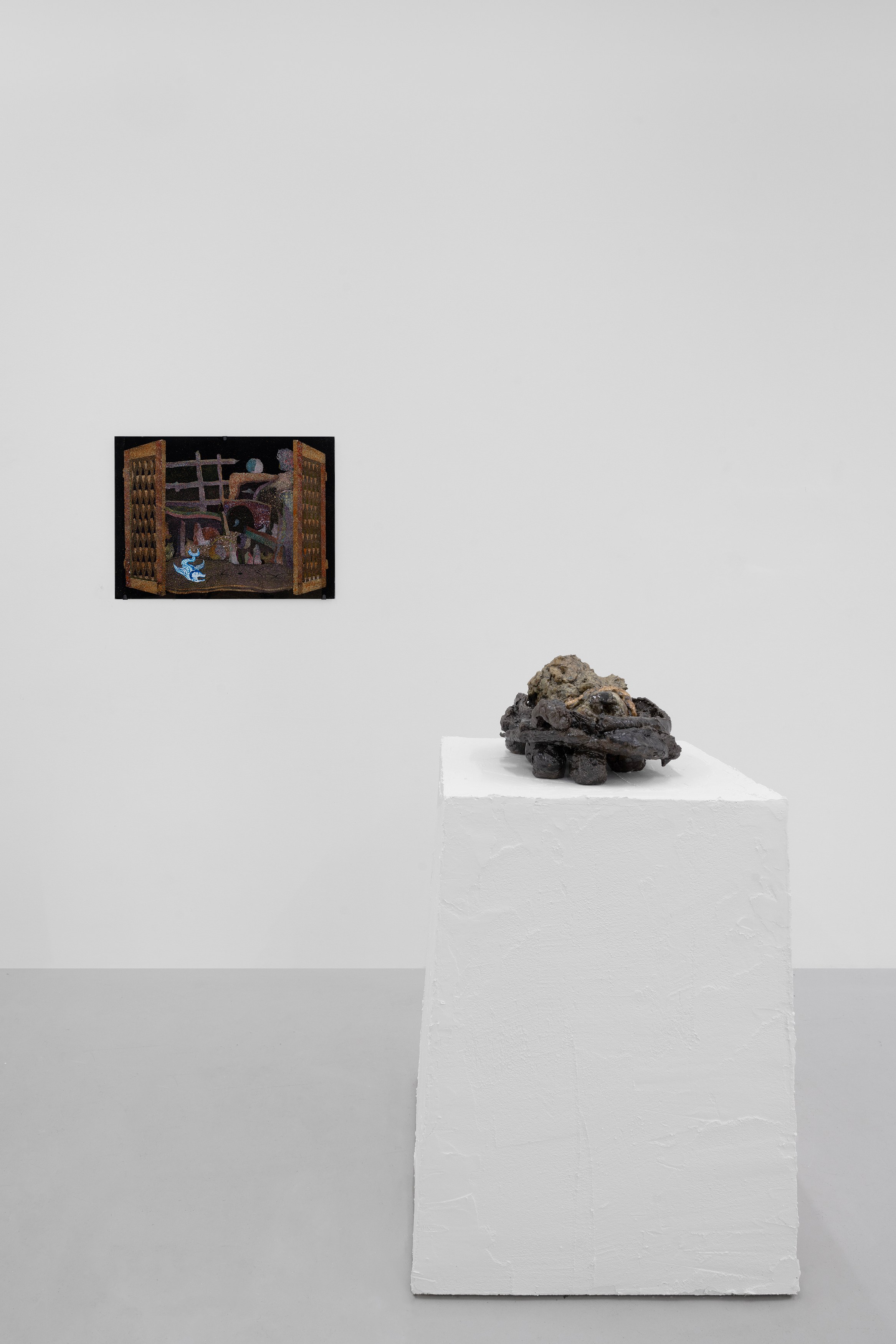 Aaron Angell, NOT ALL ON SHOW: Hinterglasmalerei & Verre églomisé 4-5/2025: ‘Organ Painting’, ‘Bamboo Organ Painting’, ‘Worm Organ Painting’, ‘Intarsia – View’, ‘Intarsia – Shut’, ‘Northern Renaissance Social Abstract Demonstration’, ‘Intarsia – Whitefly’; ‘Pig, tulip, pig, tulip, pig, tulip’; ‘Scholar – Melon’.Oribe 2-5/2025: ‘Melon – Life On Ship’, ‘Abilità Negativa’ (three versions), ‘Tray with Two Capped Heads’, ‘Tray with Clouds’, ‘Gongshi with Carbonised Panis Quadratis’; Shino Americàin & polychrome 2- at Ilenia, photo 19