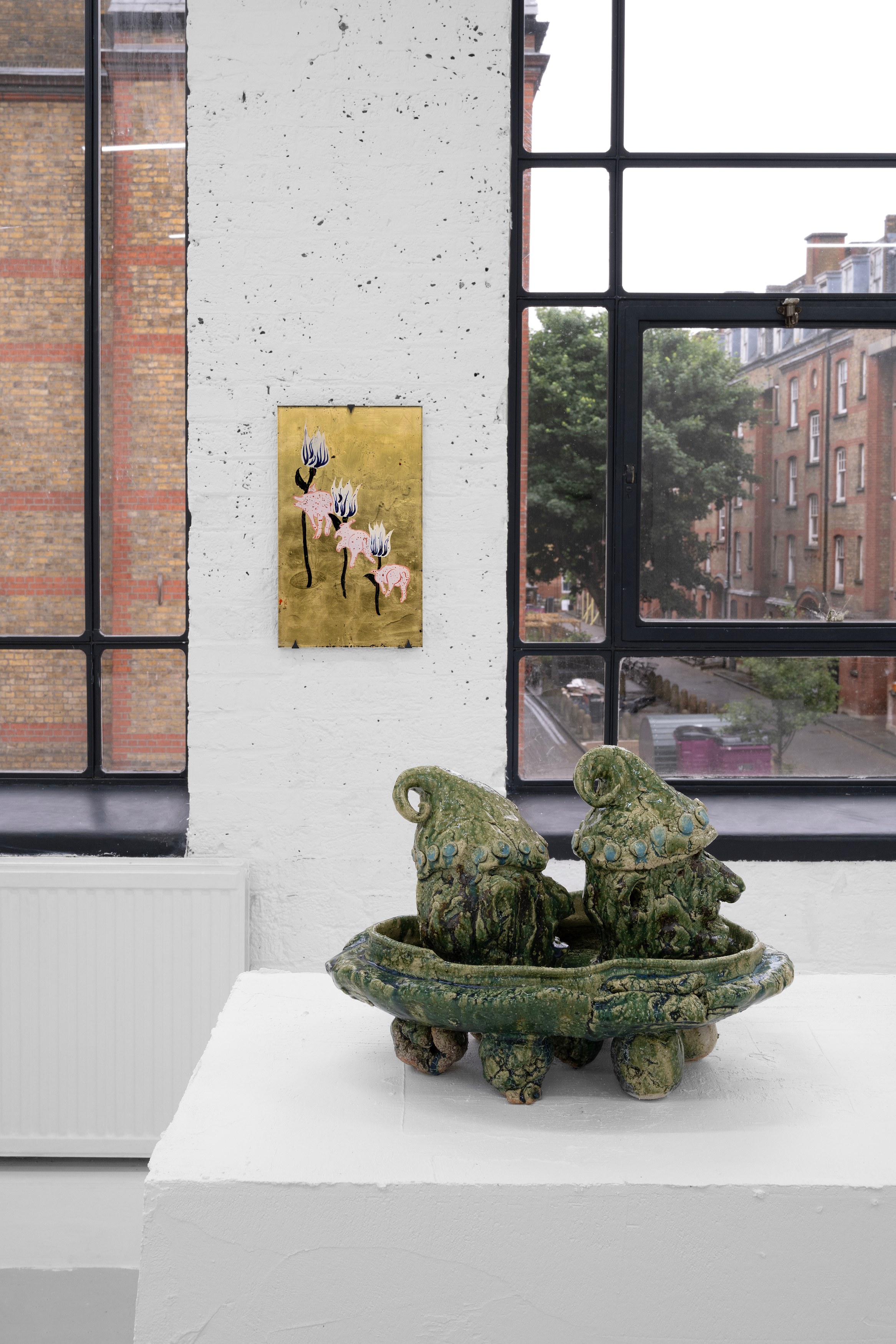 Aaron Angell, NOT ALL ON SHOW: Hinterglasmalerei & Verre églomisé 4-5/2025: ‘Organ Painting’, ‘Bamboo Organ Painting’, ‘Worm Organ Painting’, ‘Intarsia – View’, ‘Intarsia – Shut’, ‘Northern Renaissance Social Abstract Demonstration’, ‘Intarsia – Whitefly’; ‘Pig, tulip, pig, tulip, pig, tulip’; ‘Scholar – Melon’.Oribe 2-5/2025: ‘Melon – Life On Ship’, ‘Abilità Negativa’ (three versions), ‘Tray with Two Capped Heads’, ‘Tray with Clouds’, ‘Gongshi with Carbonised Panis Quadratis’; Shino Americàin & polychrome 2- at Ilenia, photo 20