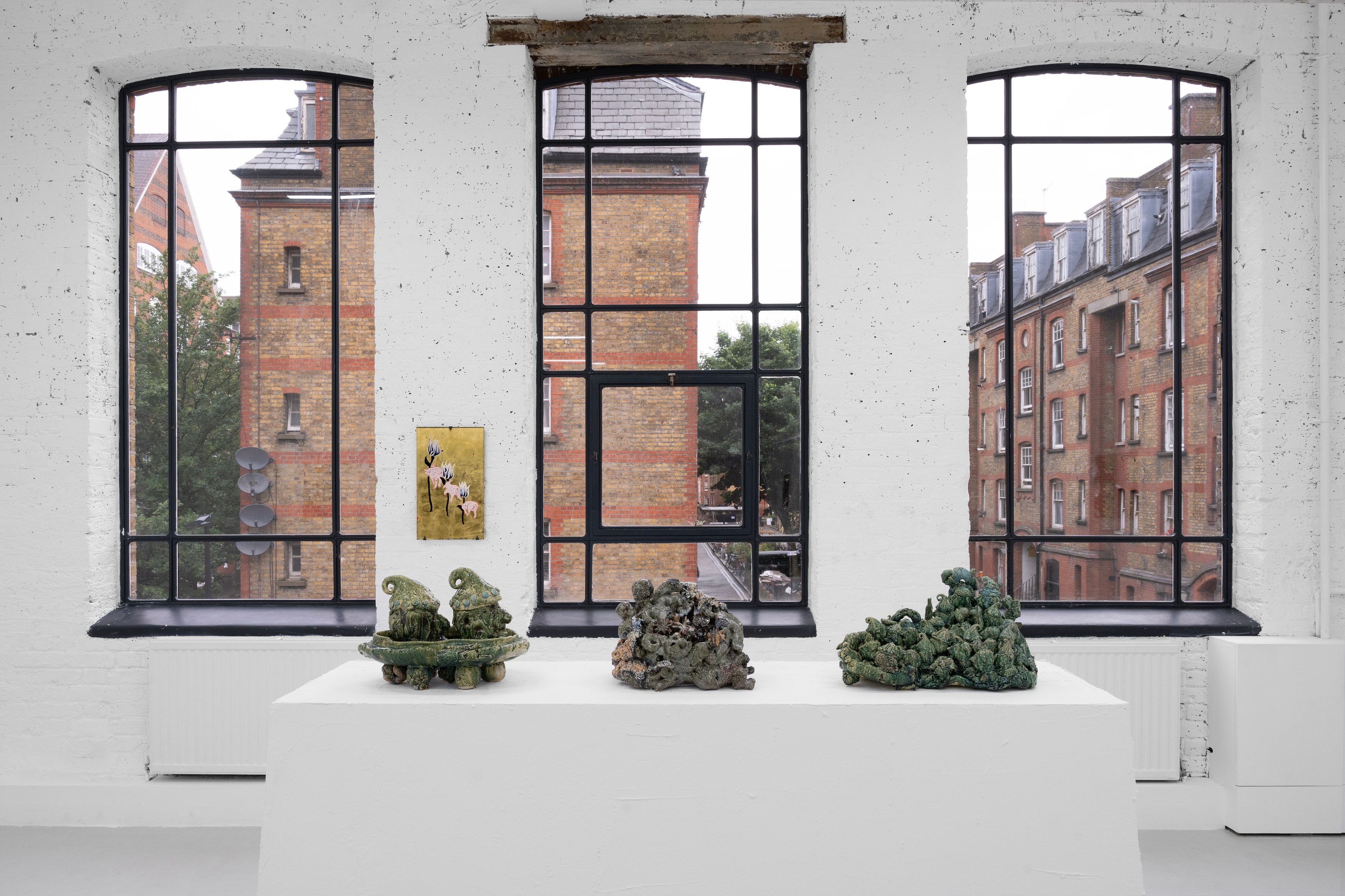 Aaron Angell, NOT ALL ON SHOW: Hinterglasmalerei & Verre églomisé 4-5/2025: ‘Organ Painting’, ‘Bamboo Organ Painting’, ‘Worm Organ Painting’, ‘Intarsia – View’, ‘Intarsia – Shut’, ‘Northern Renaissance Social Abstract Demonstration’, ‘Intarsia – Whitefly’; ‘Pig, tulip, pig, tulip, pig, tulip’; ‘Scholar – Melon’.Oribe 2-5/2025: ‘Melon – Life On Ship’, ‘Abilità Negativa’ (three versions), ‘Tray with Two Capped Heads’, ‘Tray with Clouds’, ‘Gongshi with Carbonised Panis Quadratis’; Shino Americàin & polychrome 2- at Ilenia, photo 21