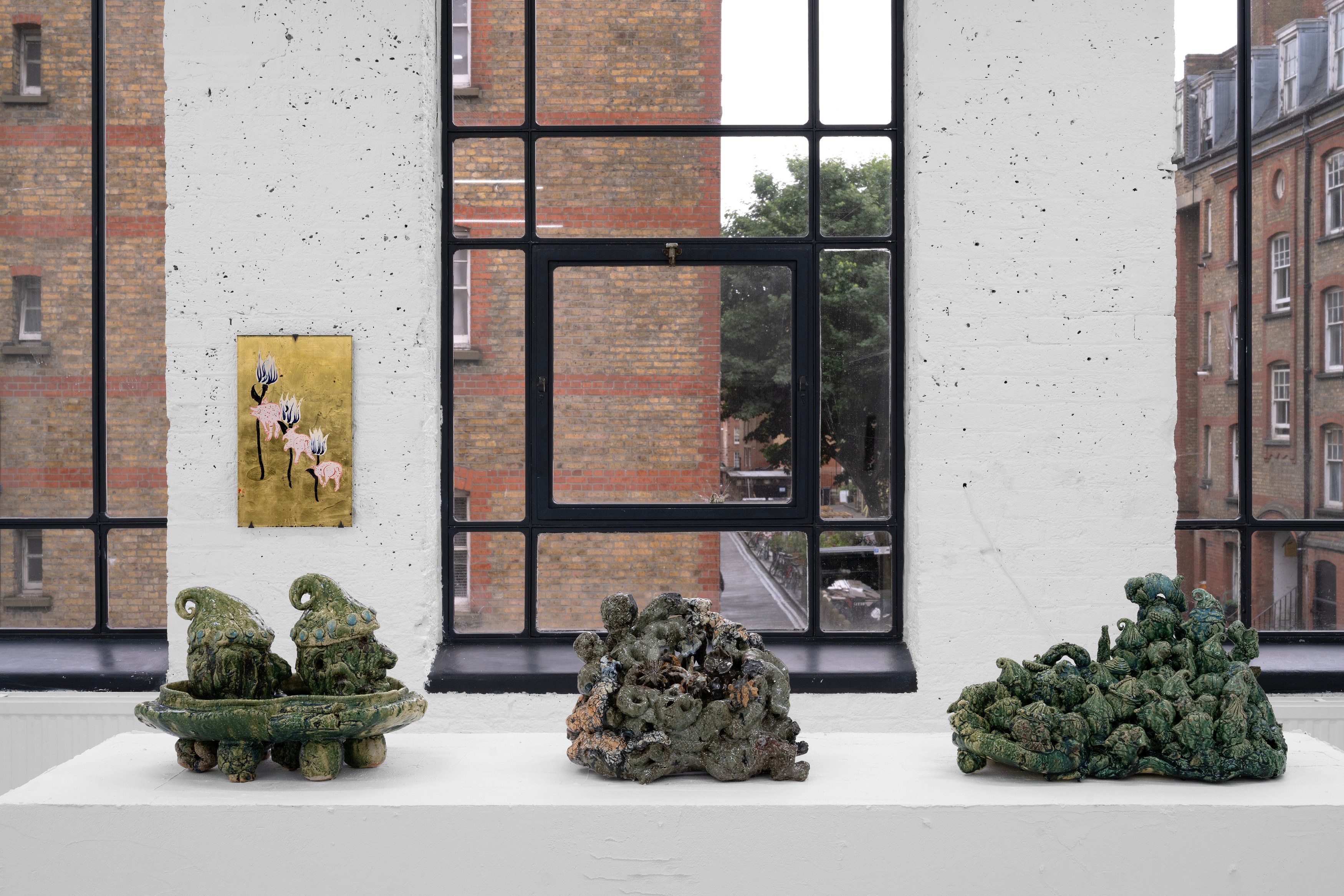 Aaron Angell, NOT ALL ON SHOW: Hinterglasmalerei & Verre églomisé 4-5/2025: ‘Organ Painting’, ‘Bamboo Organ Painting’, ‘Worm Organ Painting’, ‘Intarsia – View’, ‘Intarsia – Shut’, ‘Northern Renaissance Social Abstract Demonstration’, ‘Intarsia – Whitefly’; ‘Pig, tulip, pig, tulip, pig, tulip’; ‘Scholar – Melon’.Oribe 2-5/2025: ‘Melon – Life On Ship’, ‘Abilità Negativa’ (three versions), ‘Tray with Two Capped Heads’, ‘Tray with Clouds’, ‘Gongshi with Carbonised Panis Quadratis’; Shino Americàin & polychrome 2- at Ilenia, photo 22