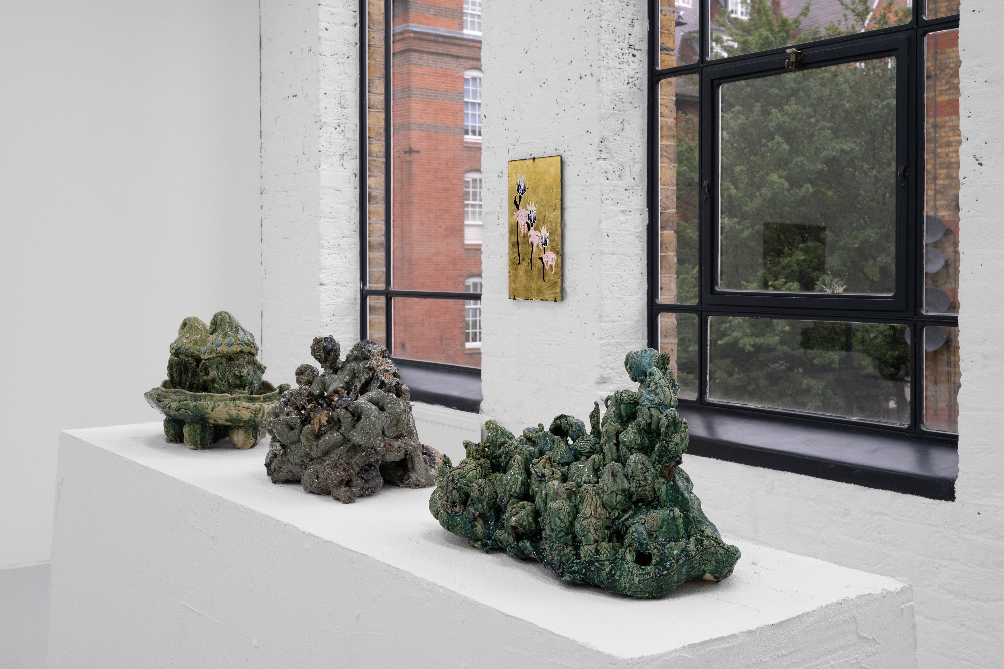Aaron Angell, NOT ALL ON SHOW: Hinterglasmalerei & Verre églomisé 4-5/2025: ‘Organ Painting’, ‘Bamboo Organ Painting’, ‘Worm Organ Painting’, ‘Intarsia – View’, ‘Intarsia – Shut’, ‘Northern Renaissance Social Abstract Demonstration’, ‘Intarsia – Whitefly’; ‘Pig, tulip, pig, tulip, pig, tulip’; ‘Scholar – Melon’.Oribe 2-5/2025: ‘Melon – Life On Ship’, ‘Abilità Negativa’ (three versions), ‘Tray with Two Capped Heads’, ‘Tray with Clouds’, ‘Gongshi with Carbonised Panis Quadratis’; Shino Americàin & polychrome 2- at Ilenia, photo 23