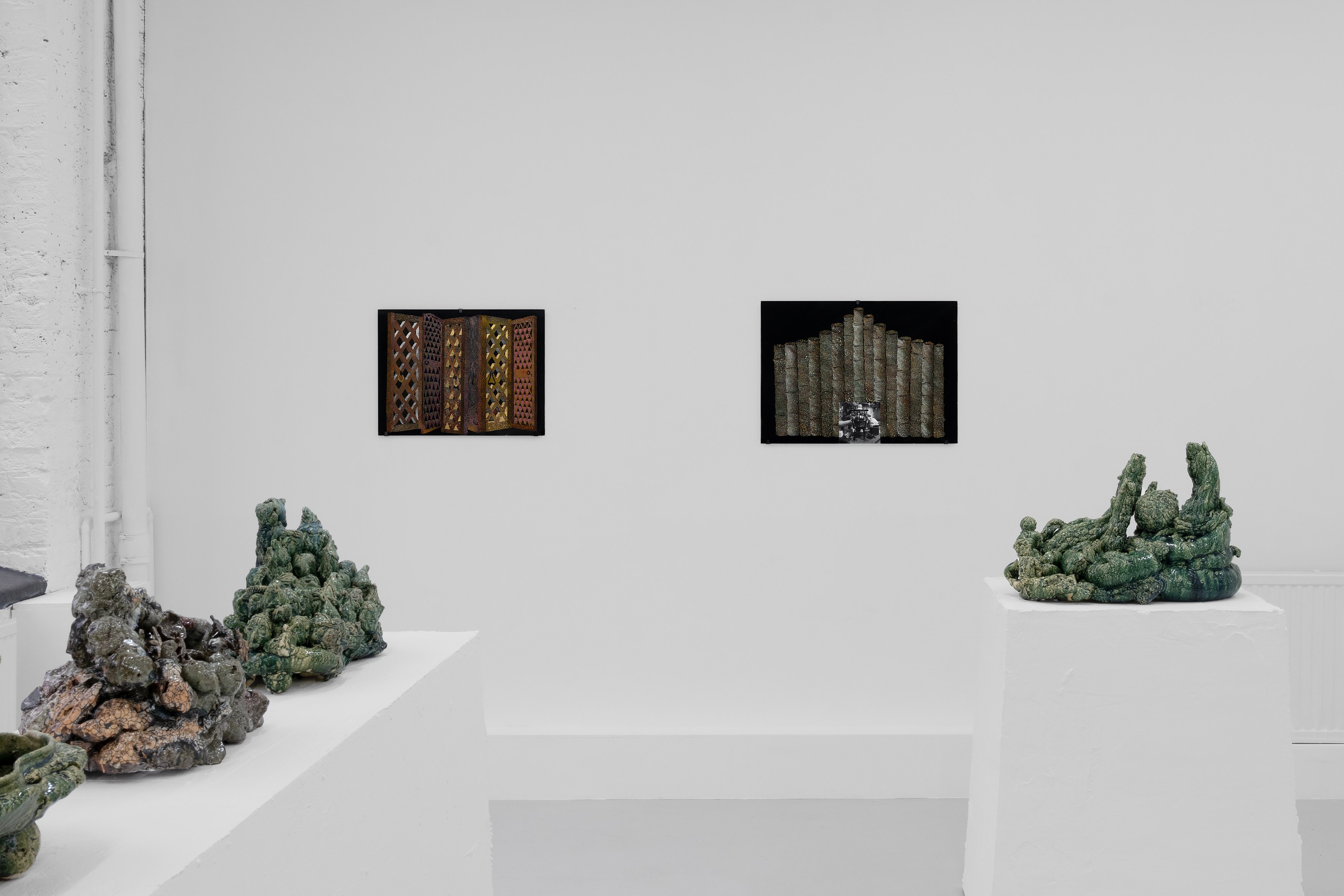 Aaron Angell, NOT ALL ON SHOW: Hinterglasmalerei & Verre églomisé 4-5/2025: ‘Organ Painting’, ‘Bamboo Organ Painting’, ‘Worm Organ Painting’, ‘Intarsia – View’, ‘Intarsia – Shut’, ‘Northern Renaissance Social Abstract Demonstration’, ‘Intarsia – Whitefly’; ‘Pig, tulip, pig, tulip, pig, tulip’; ‘Scholar – Melon’.Oribe 2-5/2025: ‘Melon – Life On Ship’, ‘Abilità Negativa’ (three versions), ‘Tray with Two Capped Heads’, ‘Tray with Clouds’, ‘Gongshi with Carbonised Panis Quadratis’; Shino Americàin & polychrome 2- at Ilenia, photo 25