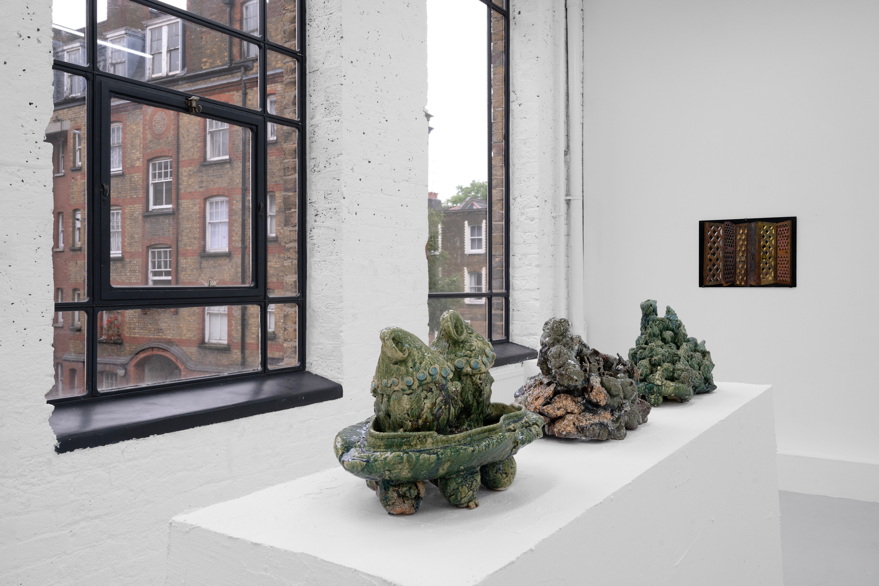 Aaron Angell, NOT ALL ON SHOW: Hinterglasmalerei & Verre églomisé 4-5/2025: ‘Organ Painting’, ‘Bamboo Organ Painting’, ‘Worm Organ Painting’, ‘Intarsia – View’, ‘Intarsia – Shut’, ‘Northern Renaissance Social Abstract Demonstration’, ‘Intarsia – Whitefly’; ‘Pig, tulip, pig, tulip, pig, tulip’; ‘Scholar – Melon’.Oribe 2-5/2025: ‘Melon – Life On Ship’, ‘Abilità Negativa’ (three versions), ‘Tray with Two Capped Heads’, ‘Tray with Clouds’, ‘Gongshi with Carbonised Panis Quadratis’; Shino Americàin & polychrome 2- at Ilenia, photo 24