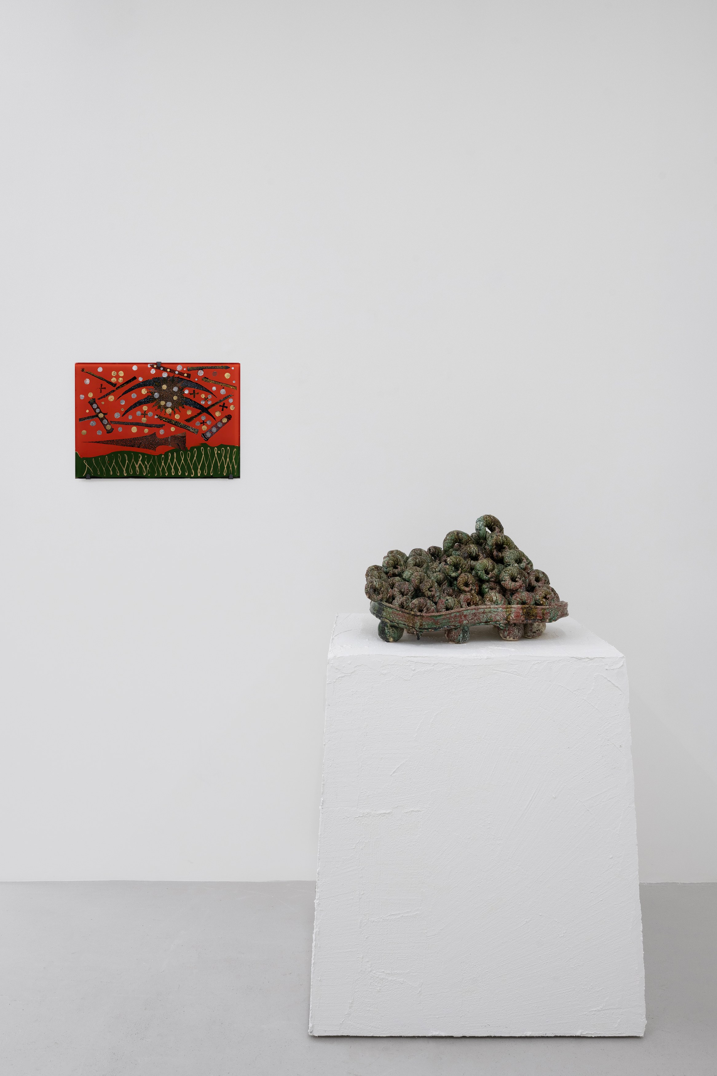 Aaron Angell, NOT ALL ON SHOW: Hinterglasmalerei & Verre églomisé 4-5/2025: ‘Organ Painting’, ‘Bamboo Organ Painting’, ‘Worm Organ Painting’, ‘Intarsia – View’, ‘Intarsia – Shut’, ‘Northern Renaissance Social Abstract Demonstration’, ‘Intarsia – Whitefly’; ‘Pig, tulip, pig, tulip, pig, tulip’; ‘Scholar – Melon’.Oribe 2-5/2025: ‘Melon – Life On Ship’, ‘Abilità Negativa’ (three versions), ‘Tray with Two Capped Heads’, ‘Tray with Clouds’, ‘Gongshi with Carbonised Panis Quadratis’; Shino Americàin & polychrome 2- at Ilenia, photo 28