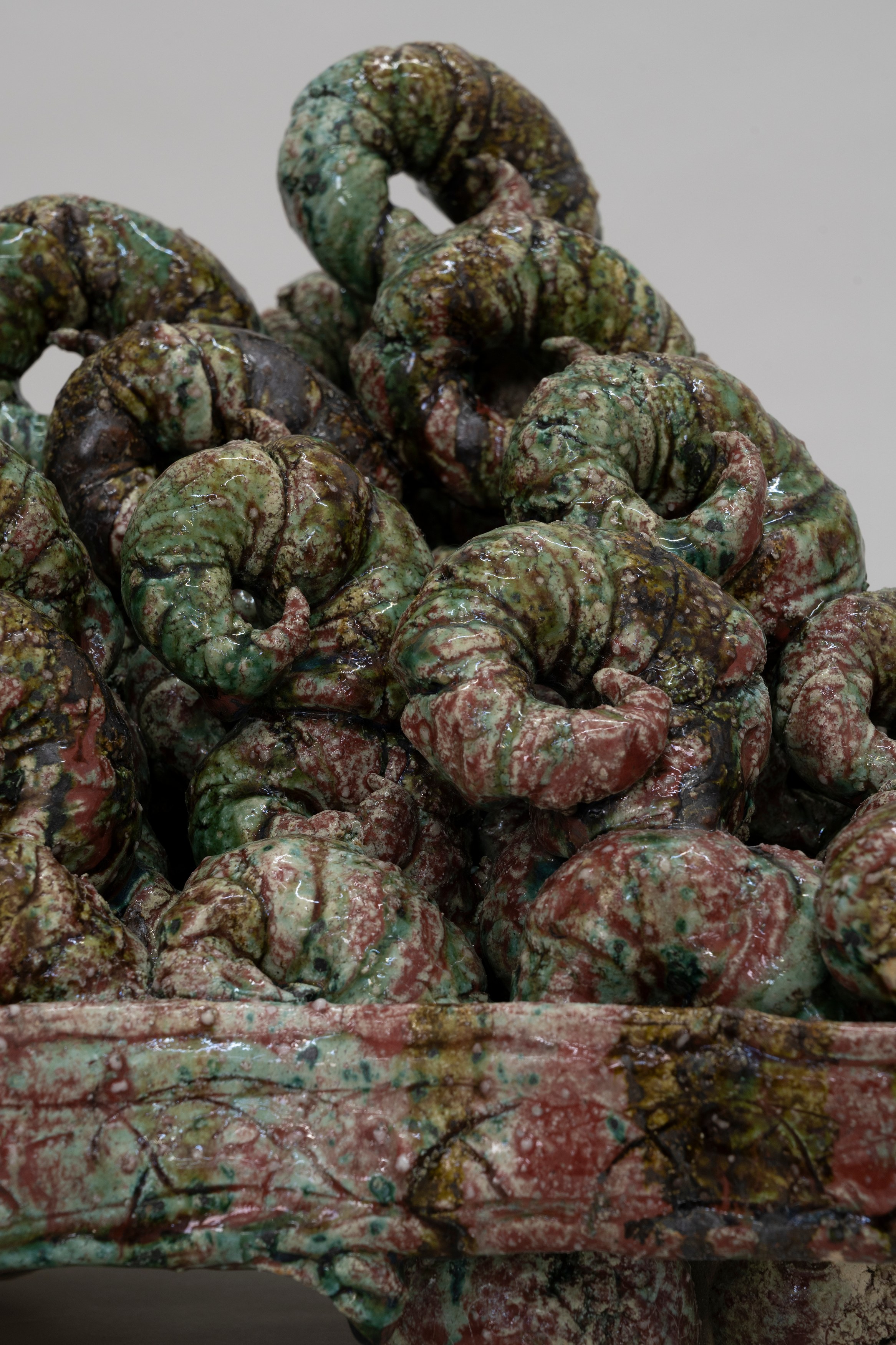 Aaron Angell, NOT ALL ON SHOW: Hinterglasmalerei & Verre églomisé 4-5/2025: ‘Organ Painting’, ‘Bamboo Organ Painting’, ‘Worm Organ Painting’, ‘Intarsia – View’, ‘Intarsia – Shut’, ‘Northern Renaissance Social Abstract Demonstration’, ‘Intarsia – Whitefly’; ‘Pig, tulip, pig, tulip, pig, tulip’; ‘Scholar – Melon’.Oribe 2-5/2025: ‘Melon – Life On Ship’, ‘Abilità Negativa’ (three versions), ‘Tray with Two Capped Heads’, ‘Tray with Clouds’, ‘Gongshi with Carbonised Panis Quadratis’; Shino Americàin & polychrome 2- at Ilenia, photo 36