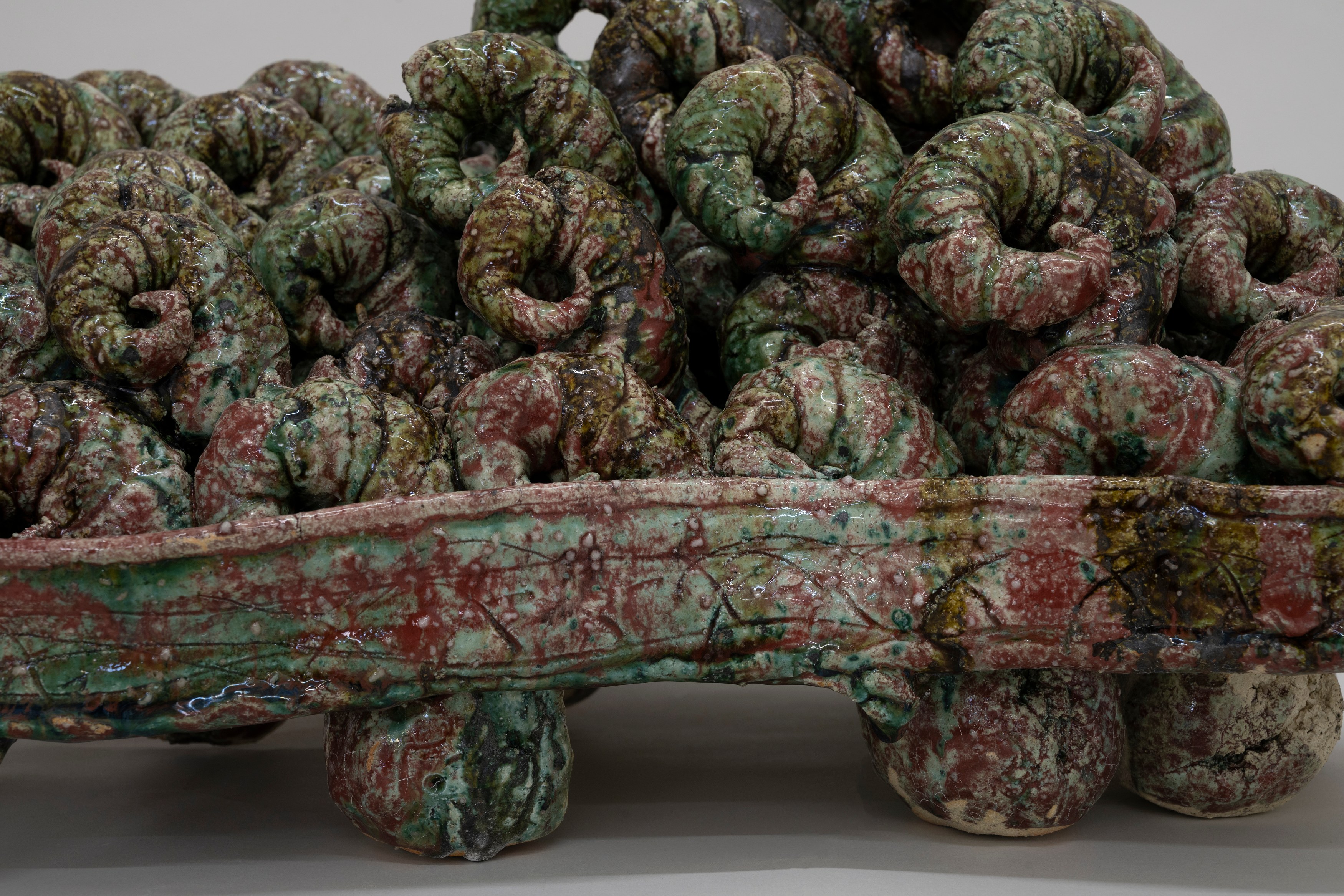 Aaron Angell, NOT ALL ON SHOW: Hinterglasmalerei & Verre églomisé 4-5/2025: ‘Organ Painting’, ‘Bamboo Organ Painting’, ‘Worm Organ Painting’, ‘Intarsia – View’, ‘Intarsia – Shut’, ‘Northern Renaissance Social Abstract Demonstration’, ‘Intarsia – Whitefly’; ‘Pig, tulip, pig, tulip, pig, tulip’; ‘Scholar – Melon’.Oribe 2-5/2025: ‘Melon – Life On Ship’, ‘Abilità Negativa’ (three versions), ‘Tray with Two Capped Heads’, ‘Tray with Clouds’, ‘Gongshi with Carbonised Panis Quadratis’; Shino Americàin & polychrome 2- at Ilenia, photo 35