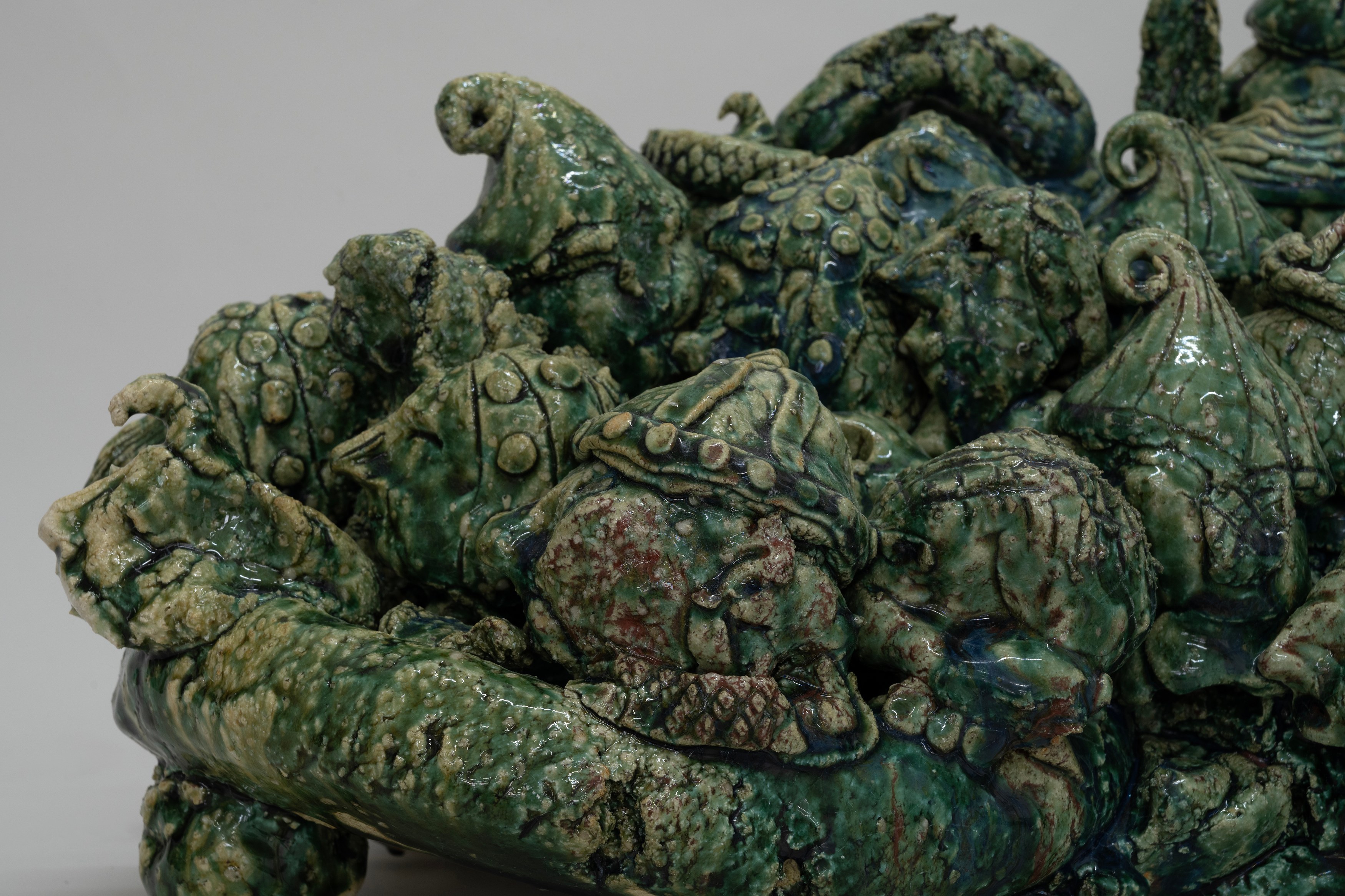 Aaron Angell, NOT ALL ON SHOW: Hinterglasmalerei & Verre églomisé 4-5/2025: ‘Organ Painting’, ‘Bamboo Organ Painting’, ‘Worm Organ Painting’, ‘Intarsia – View’, ‘Intarsia – Shut’, ‘Northern Renaissance Social Abstract Demonstration’, ‘Intarsia – Whitefly’; ‘Pig, tulip, pig, tulip, pig, tulip’; ‘Scholar – Melon’.Oribe 2-5/2025: ‘Melon – Life On Ship’, ‘Abilità Negativa’ (three versions), ‘Tray with Two Capped Heads’, ‘Tray with Clouds’, ‘Gongshi with Carbonised Panis Quadratis’; Shino Americàin & polychrome 2- at Ilenia, photo 70