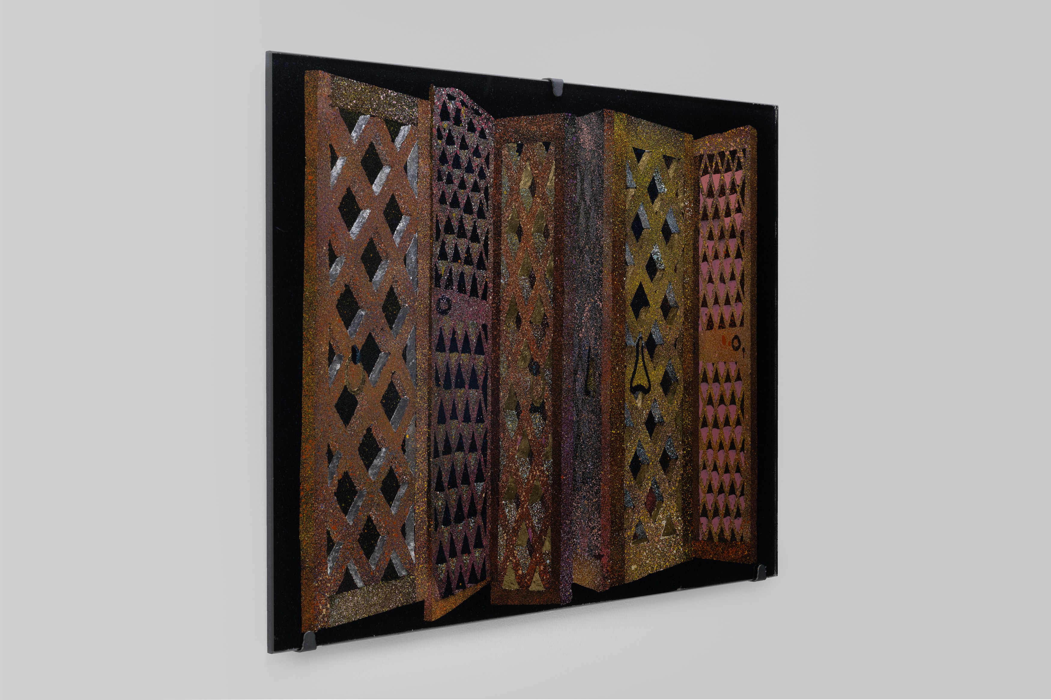 Aaron Angell, NOT ALL ON SHOW: Hinterglasmalerei & Verre églomisé 4-5/2025: ‘Organ Painting’, ‘Bamboo Organ Painting’, ‘Worm Organ Painting’, ‘Intarsia – View’, ‘Intarsia – Shut’, ‘Northern Renaissance Social Abstract Demonstration’, ‘Intarsia – Whitefly’; ‘Pig, tulip, pig, tulip, pig, tulip’; ‘Scholar – Melon’.Oribe 2-5/2025: ‘Melon – Life On Ship’, ‘Abilità Negativa’ (three versions), ‘Tray with Two Capped Heads’, ‘Tray with Clouds’, ‘Gongshi with Carbonised Panis Quadratis’; Shino Americàin & polychrome 2- at Ilenia, photo 80