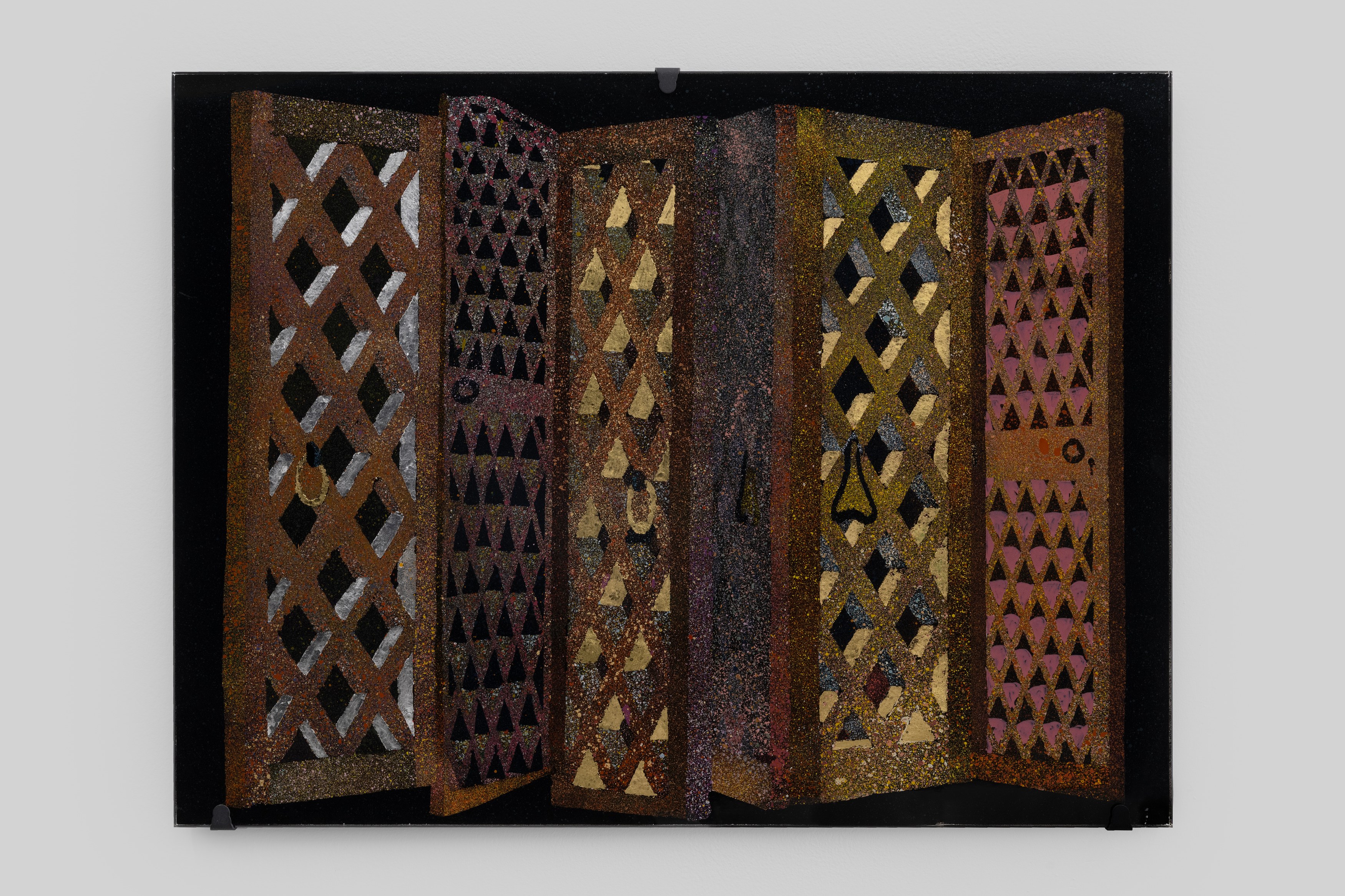 Aaron Angell, NOT ALL ON SHOW: Hinterglasmalerei & Verre églomisé 4-5/2025: ‘Organ Painting’, ‘Bamboo Organ Painting’, ‘Worm Organ Painting’, ‘Intarsia – View’, ‘Intarsia – Shut’, ‘Northern Renaissance Social Abstract Demonstration’, ‘Intarsia – Whitefly’; ‘Pig, tulip, pig, tulip, pig, tulip’; ‘Scholar – Melon’.Oribe 2-5/2025: ‘Melon – Life On Ship’, ‘Abilità Negativa’ (three versions), ‘Tray with Two Capped Heads’, ‘Tray with Clouds’, ‘Gongshi with Carbonised Panis Quadratis’; Shino Americàin & polychrome 2- at Ilenia, photo 79