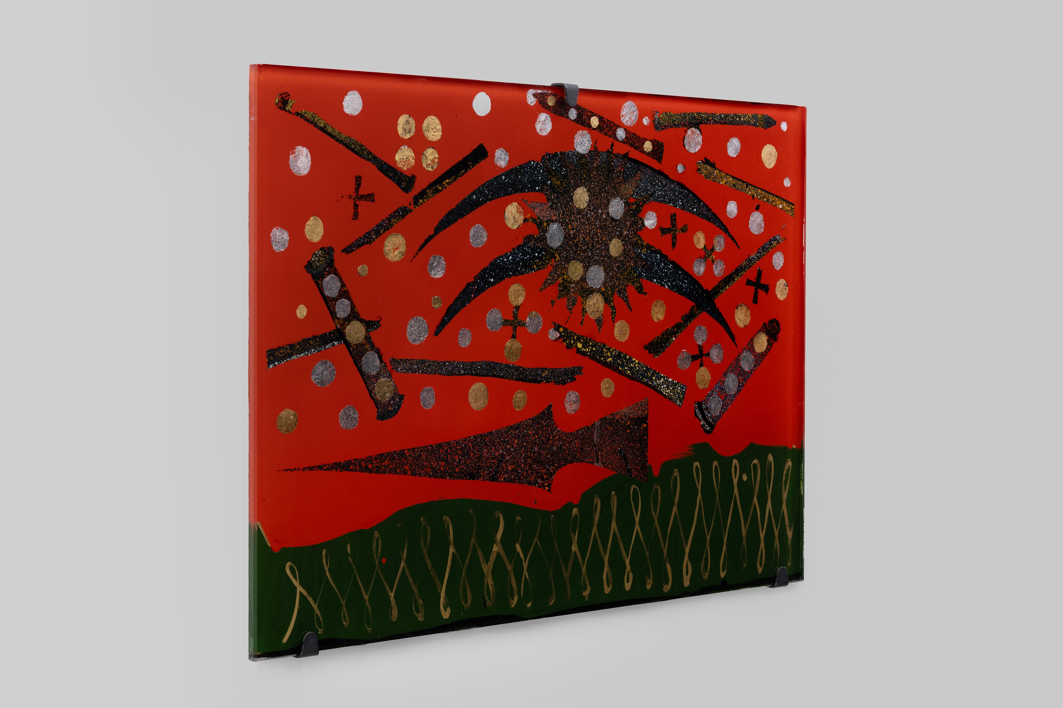 Aaron Angell, NOT ALL ON SHOW: Hinterglasmalerei & Verre églomisé 4-5/2025: ‘Organ Painting’, ‘Bamboo Organ Painting’, ‘Worm Organ Painting’, ‘Intarsia – View’, ‘Intarsia – Shut’, ‘Northern Renaissance Social Abstract Demonstration’, ‘Intarsia – Whitefly’; ‘Pig, tulip, pig, tulip, pig, tulip’; ‘Scholar – Melon’.Oribe 2-5/2025: ‘Melon – Life On Ship’, ‘Abilità Negativa’ (three versions), ‘Tray with Two Capped Heads’, ‘Tray with Clouds’, ‘Gongshi with Carbonised Panis Quadratis’; Shino Americàin & polychrome 2- at Ilenia, photo 82