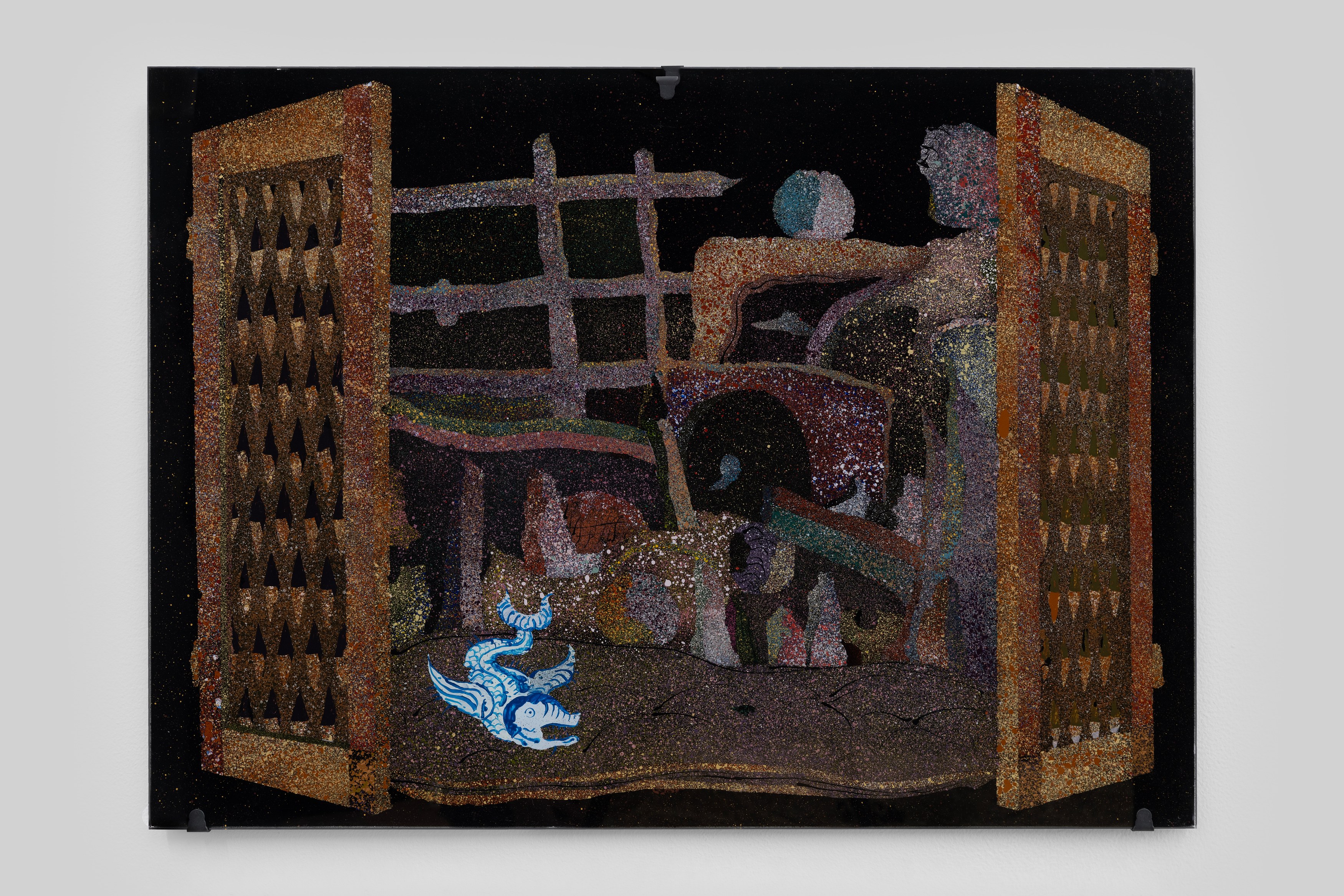 Aaron Angell, NOT ALL ON SHOW: Hinterglasmalerei & Verre églomisé 4-5/2025: ‘Organ Painting’, ‘Bamboo Organ Painting’, ‘Worm Organ Painting’, ‘Intarsia – View’, ‘Intarsia – Shut’, ‘Northern Renaissance Social Abstract Demonstration’, ‘Intarsia – Whitefly’; ‘Pig, tulip, pig, tulip, pig, tulip’; ‘Scholar – Melon’.Oribe 2-5/2025: ‘Melon – Life On Ship’, ‘Abilità Negativa’ (three versions), ‘Tray with Two Capped Heads’, ‘Tray with Clouds’, ‘Gongshi with Carbonised Panis Quadratis’; Shino Americàin & polychrome 2- at Ilenia, photo 88