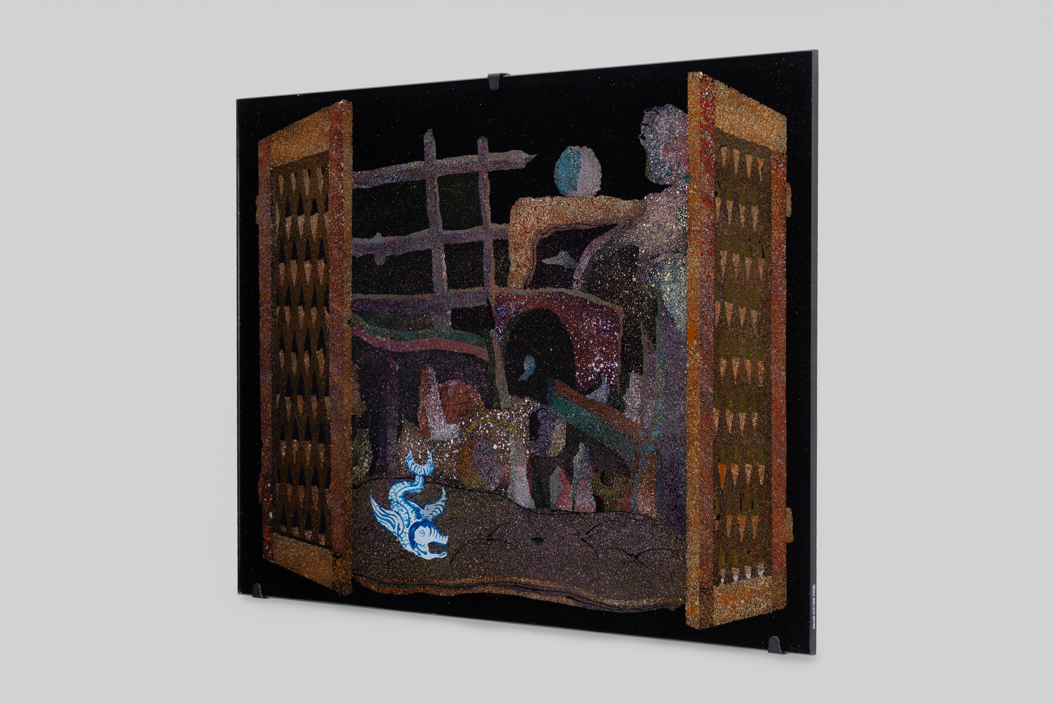Aaron Angell, NOT ALL ON SHOW: Hinterglasmalerei & Verre églomisé 4-5/2025: ‘Organ Painting’, ‘Bamboo Organ Painting’, ‘Worm Organ Painting’, ‘Intarsia – View’, ‘Intarsia – Shut’, ‘Northern Renaissance Social Abstract Demonstration’, ‘Intarsia – Whitefly’; ‘Pig, tulip, pig, tulip, pig, tulip’; ‘Scholar – Melon’.Oribe 2-5/2025: ‘Melon – Life On Ship’, ‘Abilità Negativa’ (three versions), ‘Tray with Two Capped Heads’, ‘Tray with Clouds’, ‘Gongshi with Carbonised Panis Quadratis’; Shino Americàin & polychrome 2- at Ilenia, photo 89
