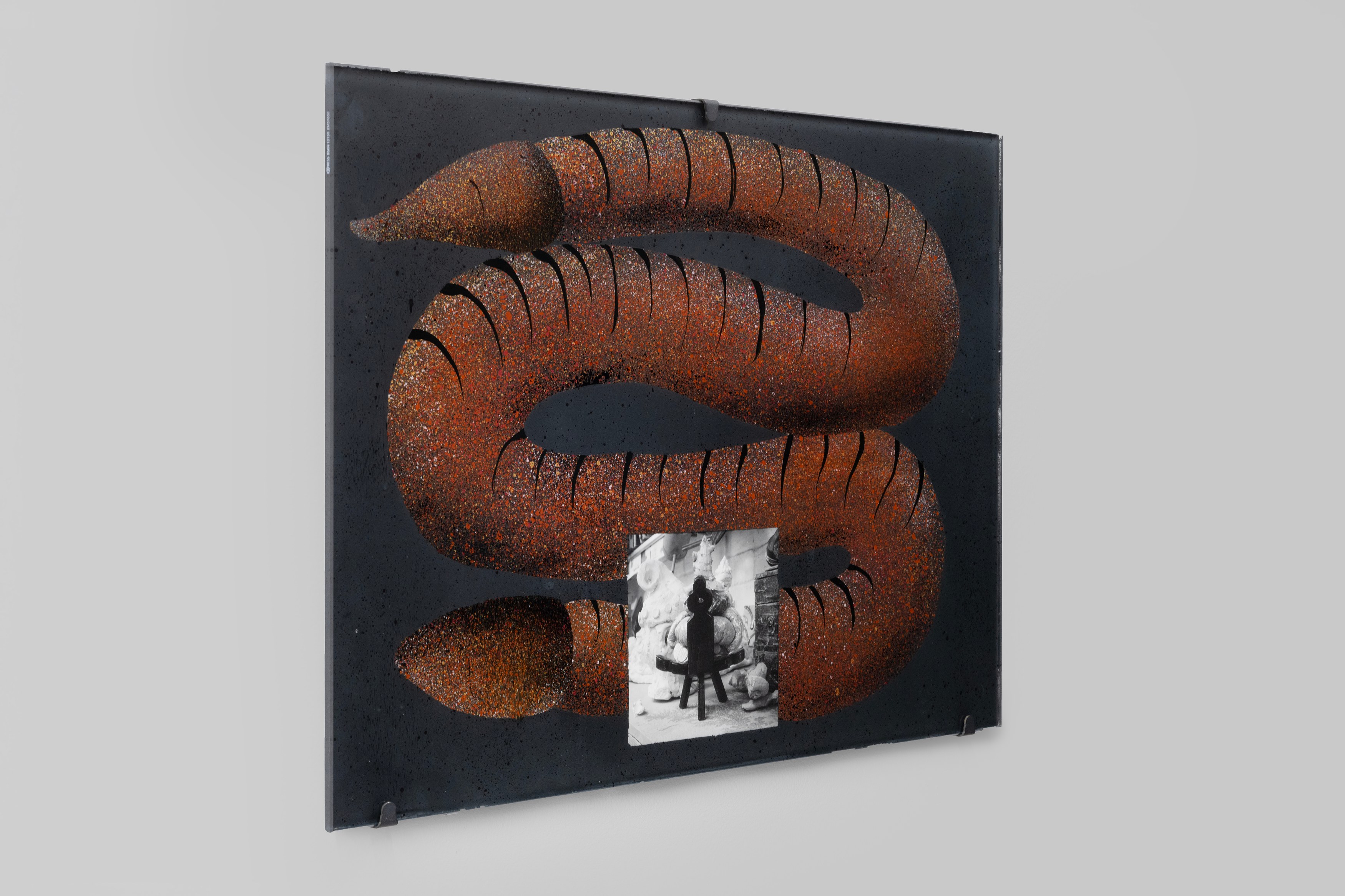 Aaron Angell, NOT ALL ON SHOW: Hinterglasmalerei & Verre églomisé 4-5/2025: ‘Organ Painting’, ‘Bamboo Organ Painting’, ‘Worm Organ Painting’, ‘Intarsia – View’, ‘Intarsia – Shut’, ‘Northern Renaissance Social Abstract Demonstration’, ‘Intarsia – Whitefly’; ‘Pig, tulip, pig, tulip, pig, tulip’; ‘Scholar – Melon’.Oribe 2-5/2025: ‘Melon – Life On Ship’, ‘Abilità Negativa’ (three versions), ‘Tray with Two Capped Heads’, ‘Tray with Clouds’, ‘Gongshi with Carbonised Panis Quadratis’; Shino Americàin & polychrome 2- at Ilenia, photo 94