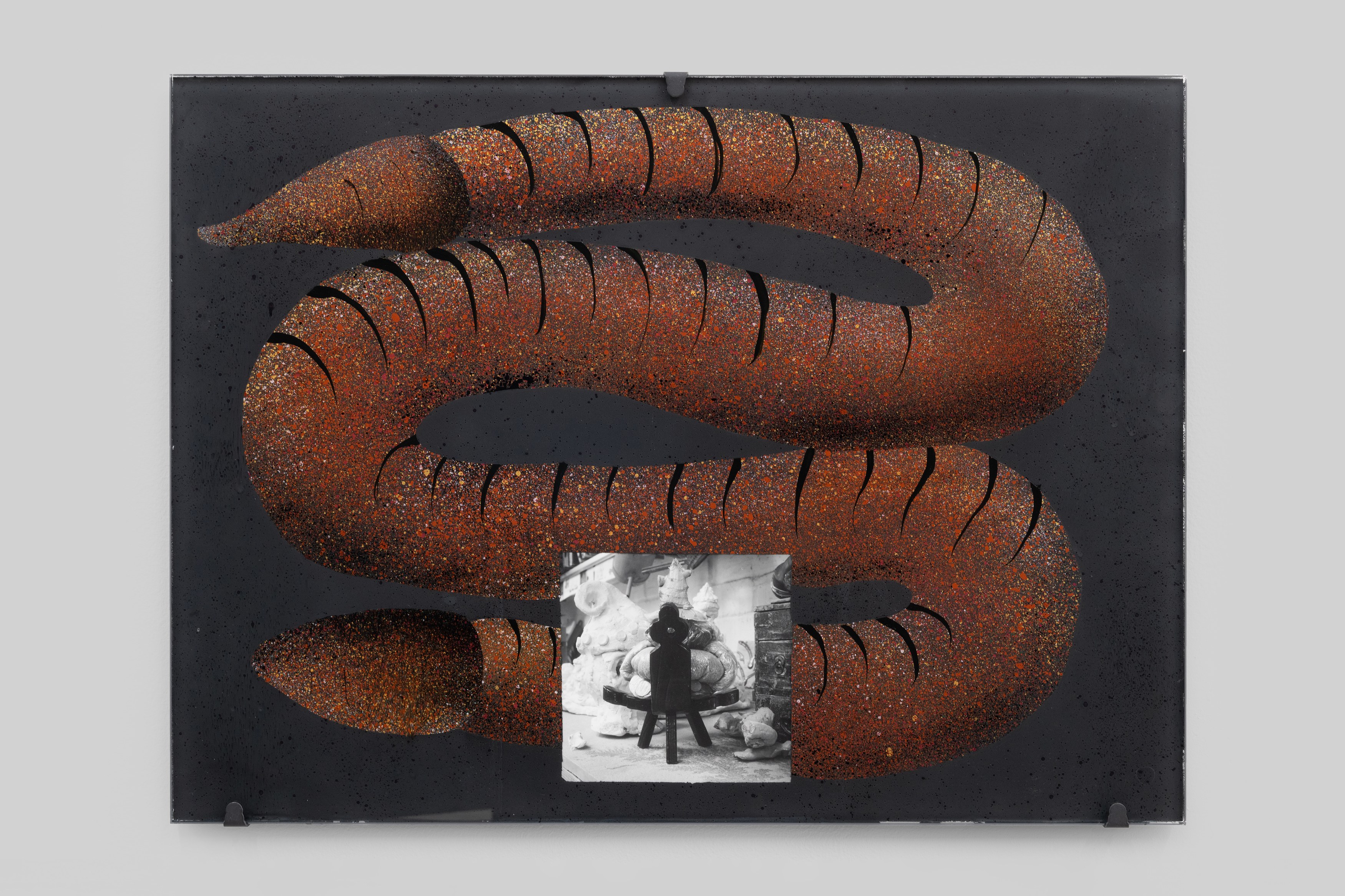 Aaron Angell, NOT ALL ON SHOW: Hinterglasmalerei & Verre églomisé 4-5/2025: ‘Organ Painting’, ‘Bamboo Organ Painting’, ‘Worm Organ Painting’, ‘Intarsia – View’, ‘Intarsia – Shut’, ‘Northern Renaissance Social Abstract Demonstration’, ‘Intarsia – Whitefly’; ‘Pig, tulip, pig, tulip, pig, tulip’; ‘Scholar – Melon’.Oribe 2-5/2025: ‘Melon – Life On Ship’, ‘Abilità Negativa’ (three versions), ‘Tray with Two Capped Heads’, ‘Tray with Clouds’, ‘Gongshi with Carbonised Panis Quadratis’; Shino Americàin & polychrome 2- at Ilenia, photo 93