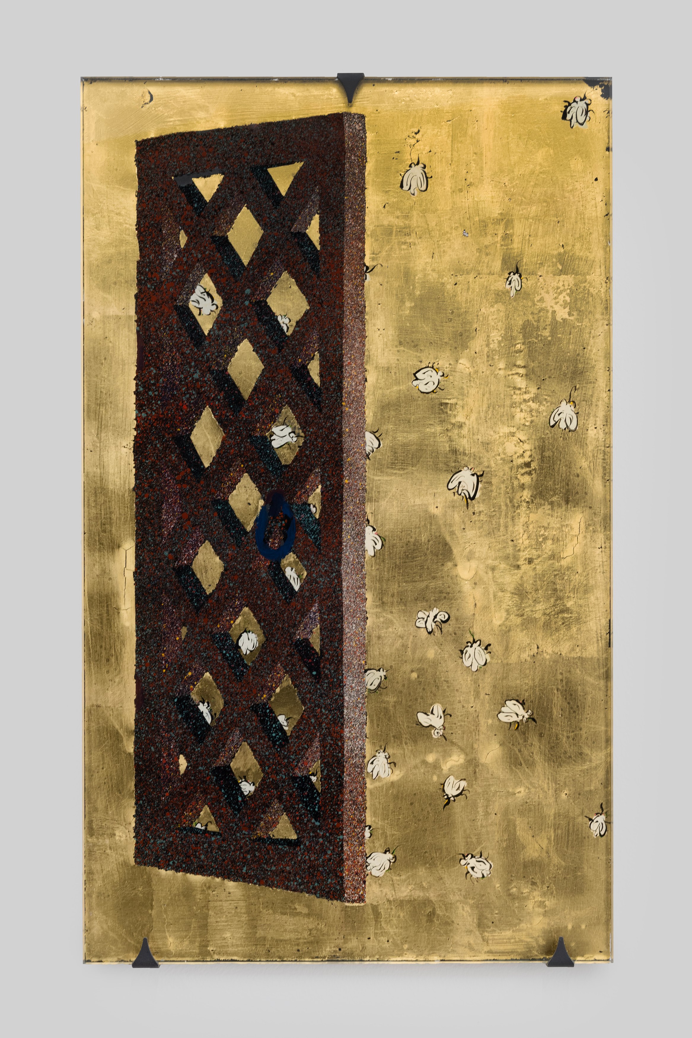 Aaron Angell, NOT ALL ON SHOW: Hinterglasmalerei & Verre églomisé 4-5/2025: ‘Organ Painting’, ‘Bamboo Organ Painting’, ‘Worm Organ Painting’, ‘Intarsia – View’, ‘Intarsia – Shut’, ‘Northern Renaissance Social Abstract Demonstration’, ‘Intarsia – Whitefly’; ‘Pig, tulip, pig, tulip, pig, tulip’; ‘Scholar – Melon’.Oribe 2-5/2025: ‘Melon – Life On Ship’, ‘Abilità Negativa’ (three versions), ‘Tray with Two Capped Heads’, ‘Tray with Clouds’, ‘Gongshi with Carbonised Panis Quadratis’; Shino Americàin & polychrome 2- at Ilenia, photo 97