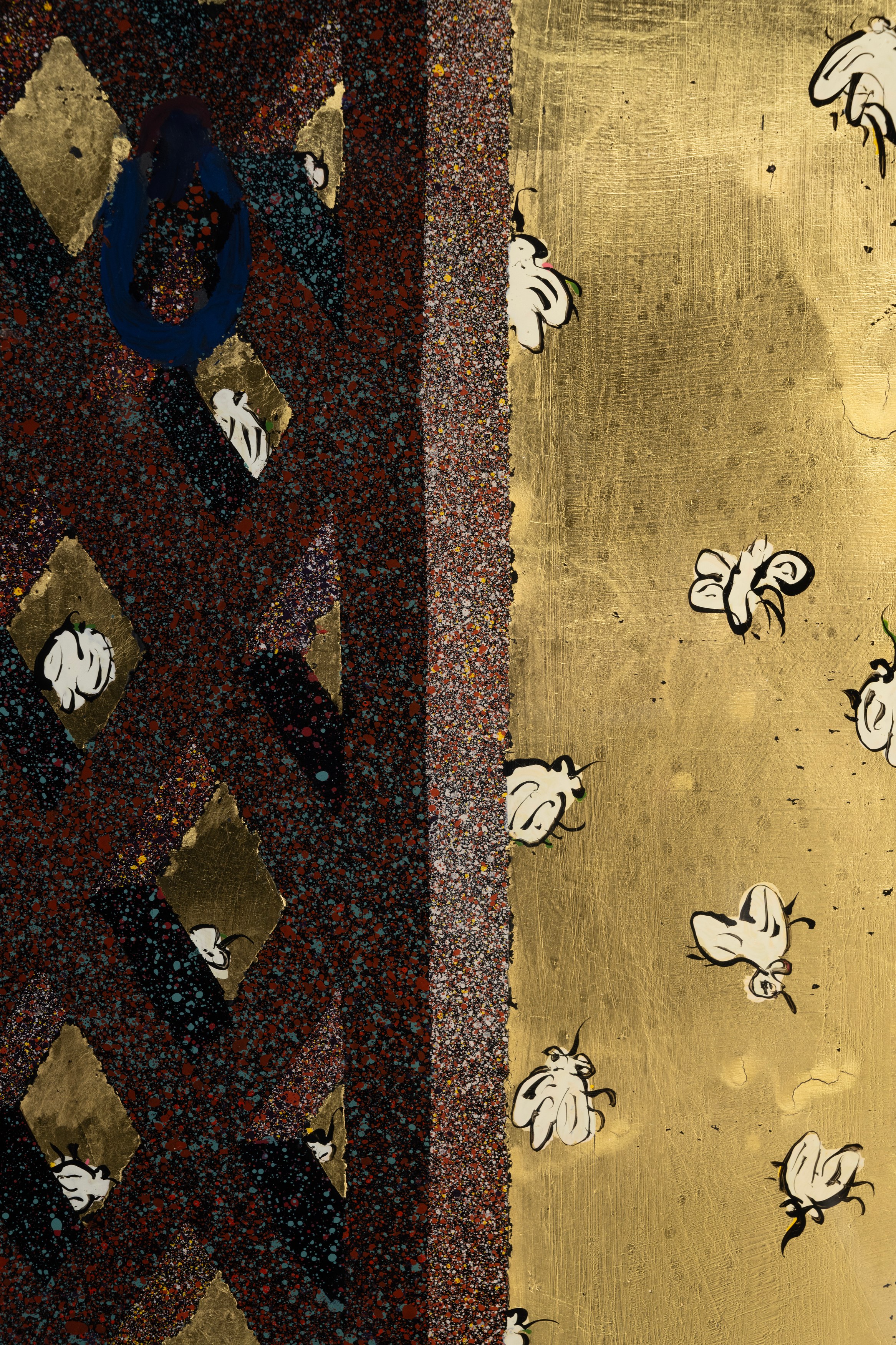 Aaron Angell, NOT ALL ON SHOW: Hinterglasmalerei & Verre églomisé 4-5/2025: ‘Organ Painting’, ‘Bamboo Organ Painting’, ‘Worm Organ Painting’, ‘Intarsia – View’, ‘Intarsia – Shut’, ‘Northern Renaissance Social Abstract Demonstration’, ‘Intarsia – Whitefly’; ‘Pig, tulip, pig, tulip, pig, tulip’; ‘Scholar – Melon’.Oribe 2-5/2025: ‘Melon – Life On Ship’, ‘Abilità Negativa’ (three versions), ‘Tray with Two Capped Heads’, ‘Tray with Clouds’, ‘Gongshi with Carbonised Panis Quadratis’; Shino Americàin & polychrome 2- at Ilenia, photo 99