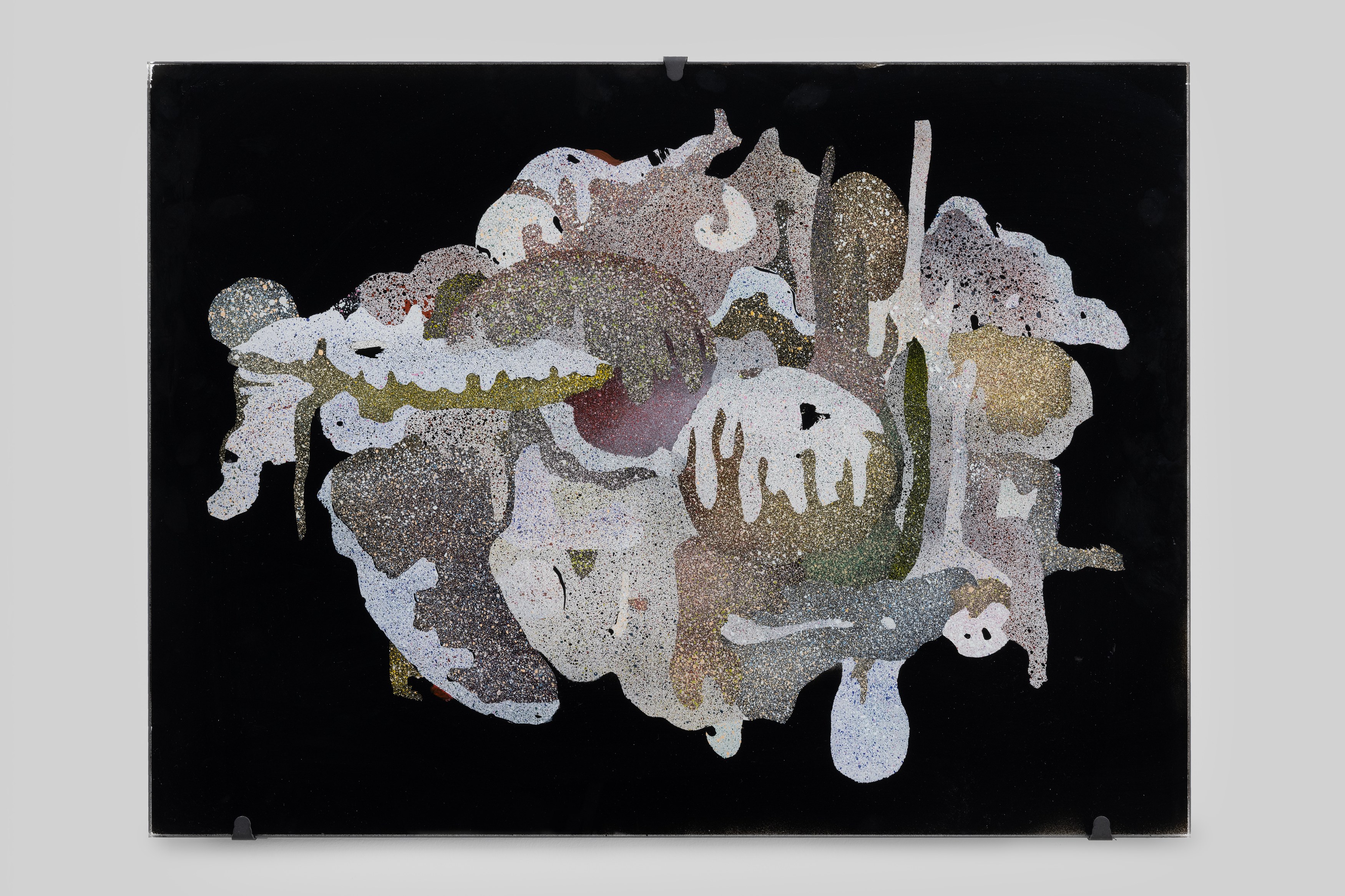 Aaron Angell, NOT ALL ON SHOW: Hinterglasmalerei & Verre églomisé 4-5/2025: ‘Organ Painting’, ‘Bamboo Organ Painting’, ‘Worm Organ Painting’, ‘Intarsia – View’, ‘Intarsia – Shut’, ‘Northern Renaissance Social Abstract Demonstration’, ‘Intarsia – Whitefly’; ‘Pig, tulip, pig, tulip, pig, tulip’; ‘Scholar – Melon’.Oribe 2-5/2025: ‘Melon – Life On Ship’, ‘Abilità Negativa’ (three versions), ‘Tray with Two Capped Heads’, ‘Tray with Clouds’, ‘Gongshi with Carbonised Panis Quadratis’; Shino Americàin & polychrome 2- at Ilenia, photo 104