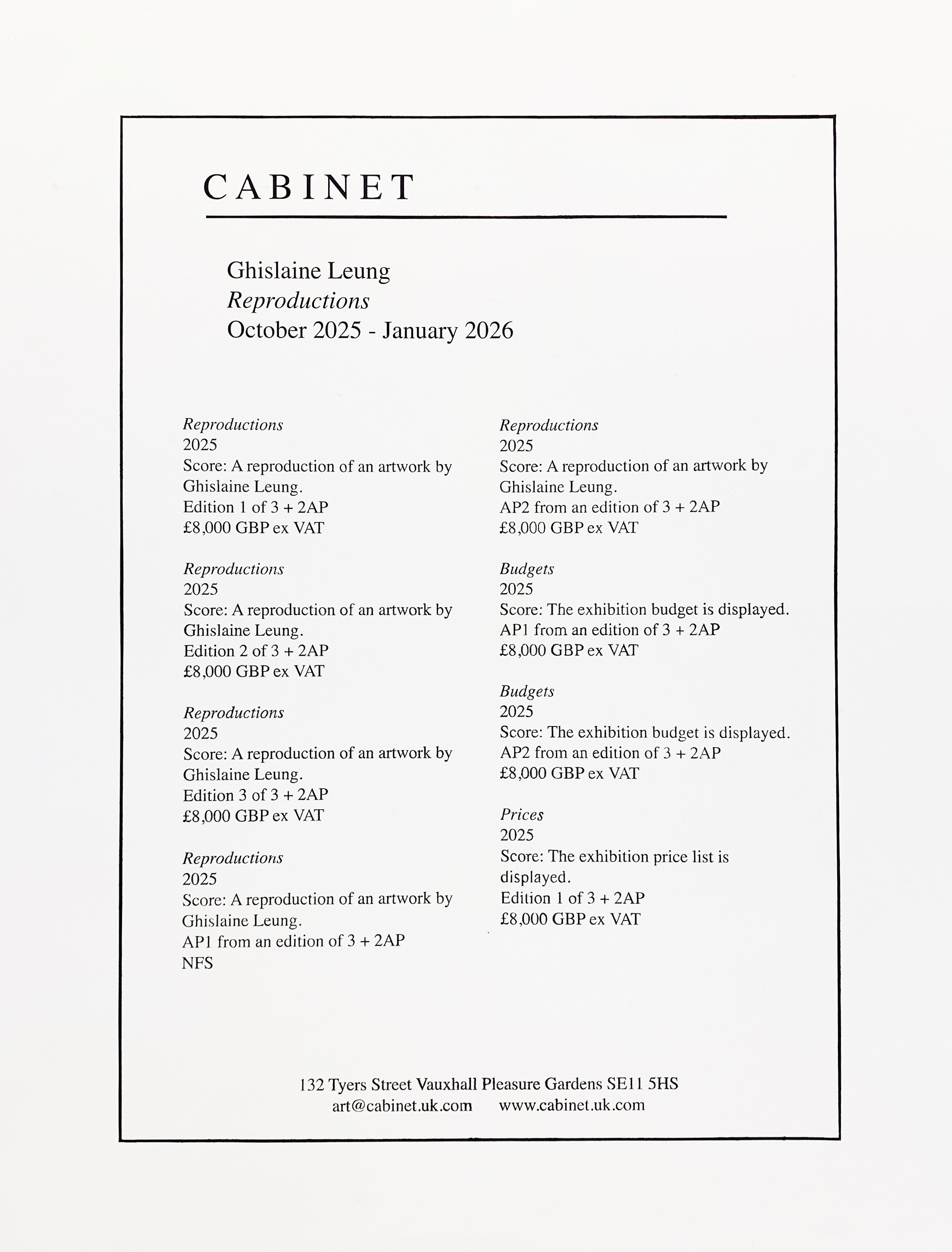 Ghislaine Leung, Reproductions at Cabinet, photo 7